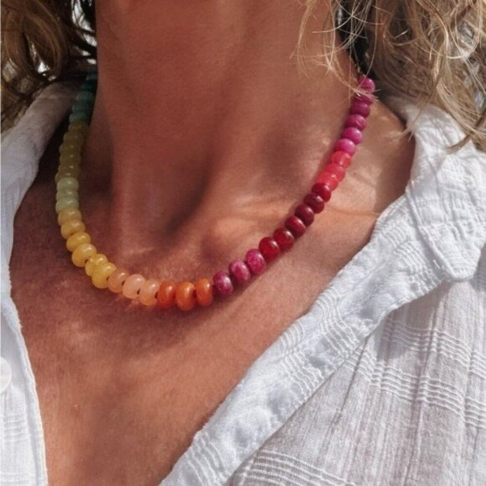 Rainbow Crystal Beaded Necklace 18K Gold Toggle Waterproof Boho Layering Jewelry - Picture 8 of 16